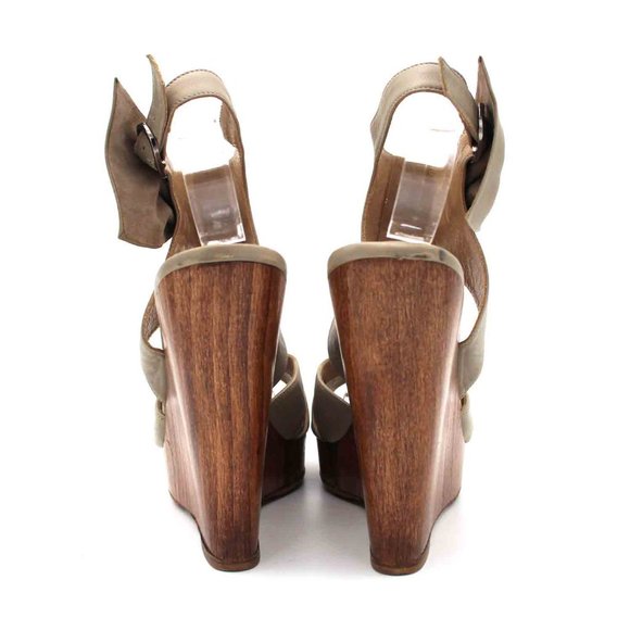 Valentino Garavani Grey Leather Bow Peep Toe Wooden Wedge Platform Sandal 37 - Picture 6 of 7
